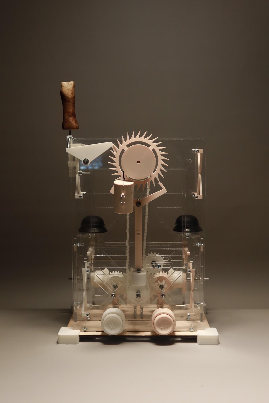 Braille's Bells mechanism, front view with burl wood handle, gears, and bells